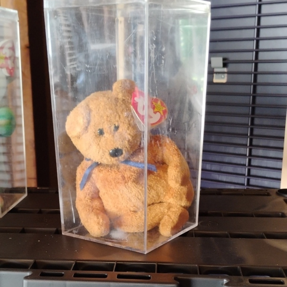 Ty Brown Stuffed Bear with Blue Ribbon